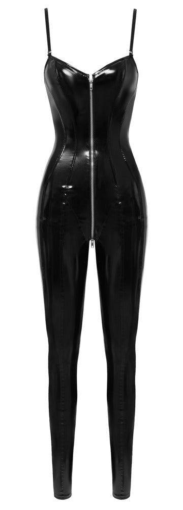 Schwarzer Black Level Lack-Overall im Corsagen-Style mit 3-Wege-Zip in der Vorderansicht