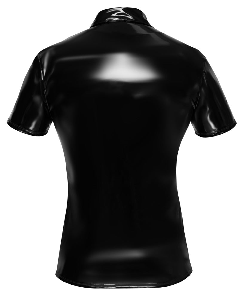 Schwarzes Black Level Lack-Poloshirt mit Kragen und Druckknopfleiste in der Rückansicht