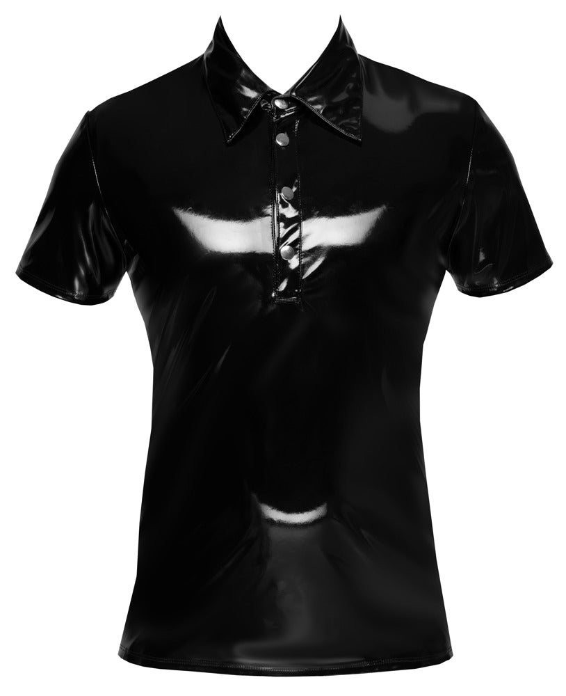 Schwarzes Black Level Lack-Poloshirt mit Kragen und Druckknopfleiste in der Vorderansicht