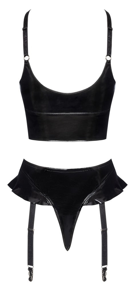 Schwarzes Black Level Lack-Set mit Top, Straps-Riostring und Schenkelriemen in der Rückansicht