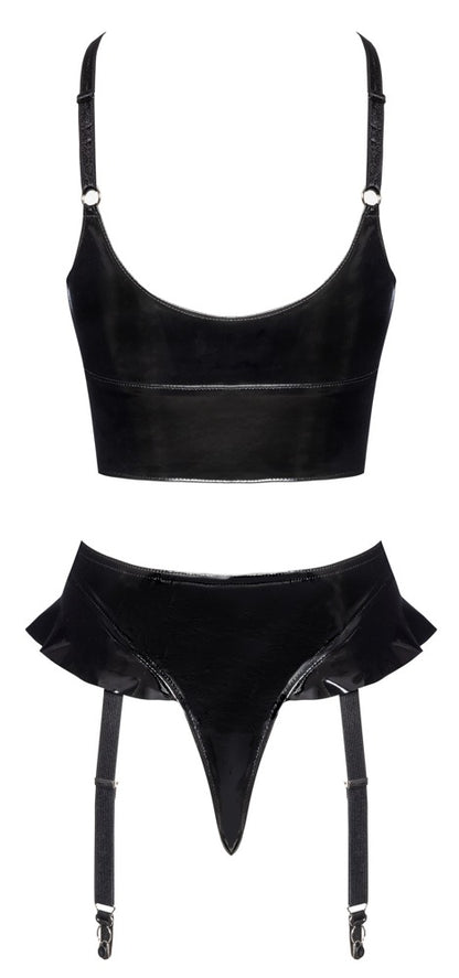 Schwarzes Black Level Lack-Set mit Top, Straps-Riostring und Schenkelriemen in der Rückansicht