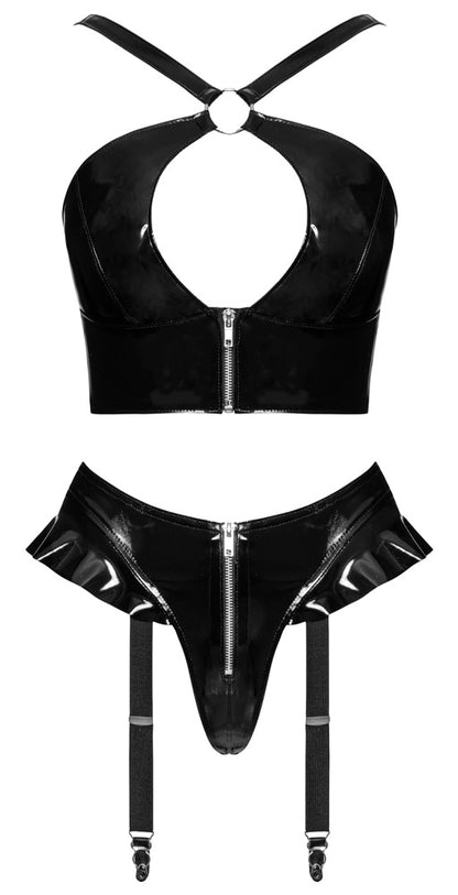 Schwarzes Black Level Lack-Set mit Top, Straps-Riostring und Schenkelriemen in der Vorderansicht