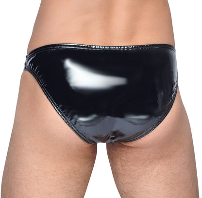 Rückansicht des tiefschwarz glänzenden Black Level Lack-Slips am Model