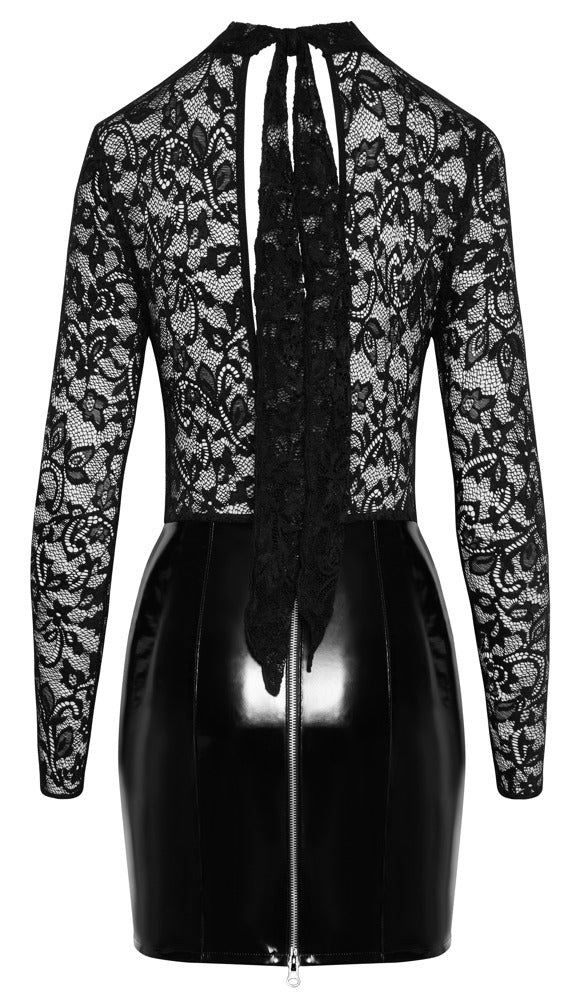Schwarzes Black Level Langarm-Lack-Minikleid mit Spitze in der Rückansicht