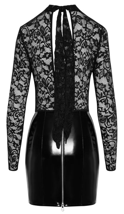 Schwarzes Black Level Langarm-Lack-Minikleid mit Spitze in der Rückansicht