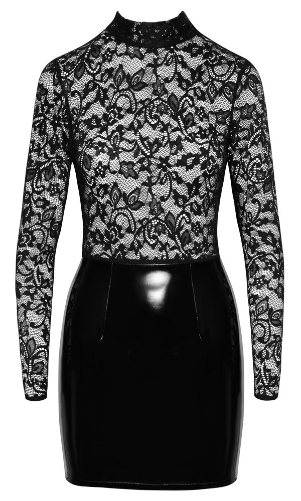 Schwarzes Black Level Langarm-Lack-Minikleid mit Spitze in der Vorderansicht