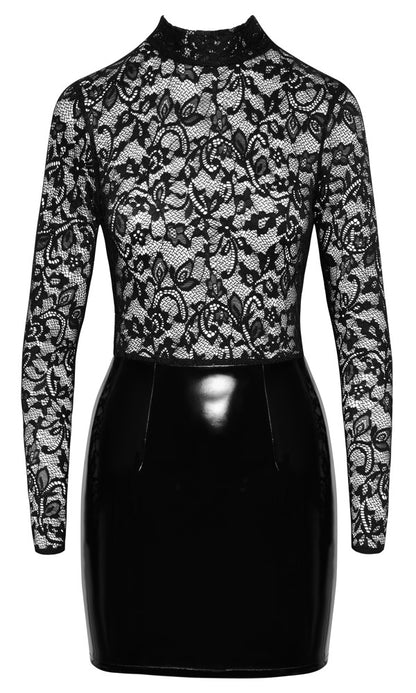 Schwarzes Black Level Langarm-Lack-Minikleid mit Spitze in der Vorderansicht