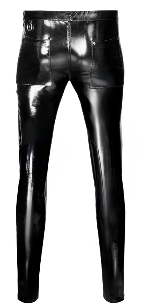 Schwarze Black Level Skinny Lack-Hose für Männer mit Reißverschlusstaschen in der Rückansicht