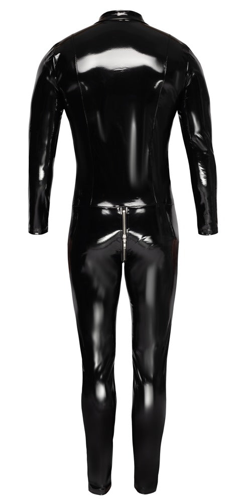 Schwarzer Black Level Stretch-Lack-Overall mit 3-Wege-Reißverschluss in der Rückansicht