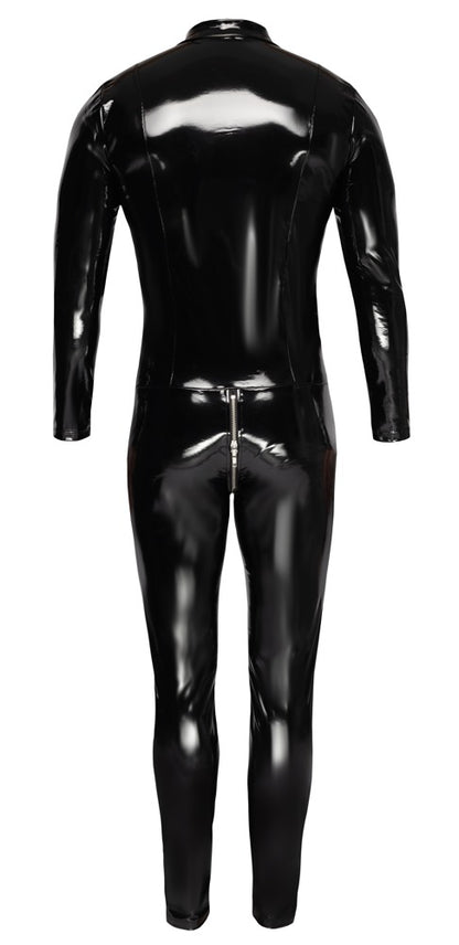 Schwarzer Black Level Stretch-Lack-Overall mit 3-Wege-Reißverschluss in der Rückansicht