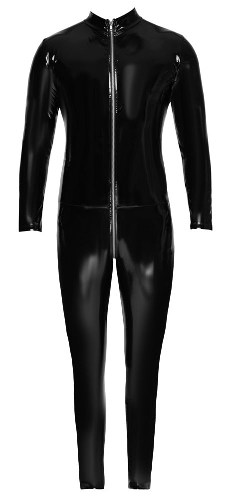 Schwarzer Black Level Stretch-Lack-Overall mit 3-Wege-Reißverschluss in der Vorderansicht