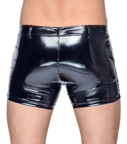 Model mit schwarzen Black Level Stretch-Lack-Pants mit Front-Reißverschluss in der Rückansicht