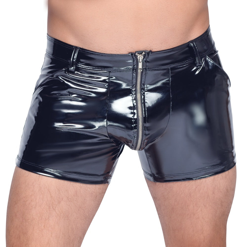 Schwarze Black Level Stretch-Lack-Pants mit Front-Reißverschluss am Model in der Vorderansicht