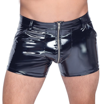 Schwarze Black Level Stretch-Lack-Pants mit Front-Reißverschluss am Model in der Vorderansicht