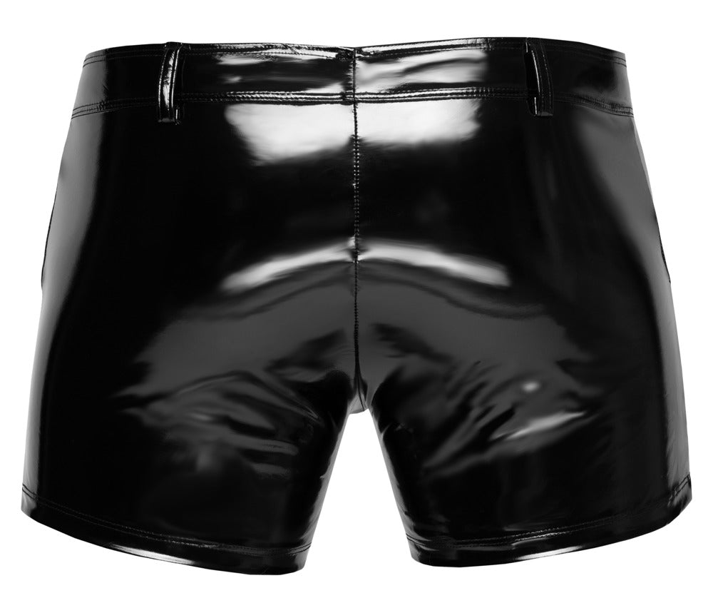 Schwarze Black Level Stretch-Lack-Pants mit Front-Reißverschluss in der Rückansicht