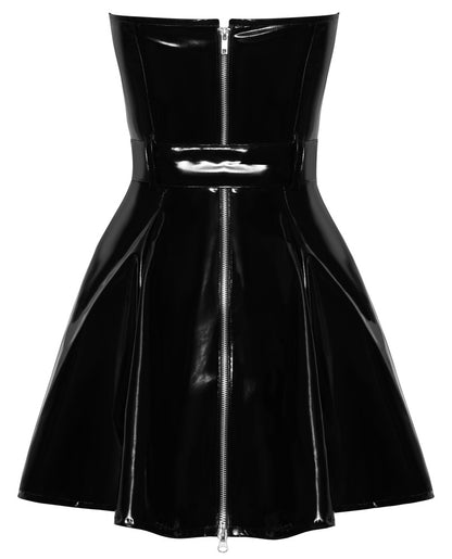 Schwarzes Black Level trägerloses Lack-Minikleid mit Gürtel in der Rückansicht