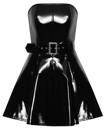 Schwarzes Black Level trägerloses Lack-Minikleid mit Gürtel in der Vorderansicht