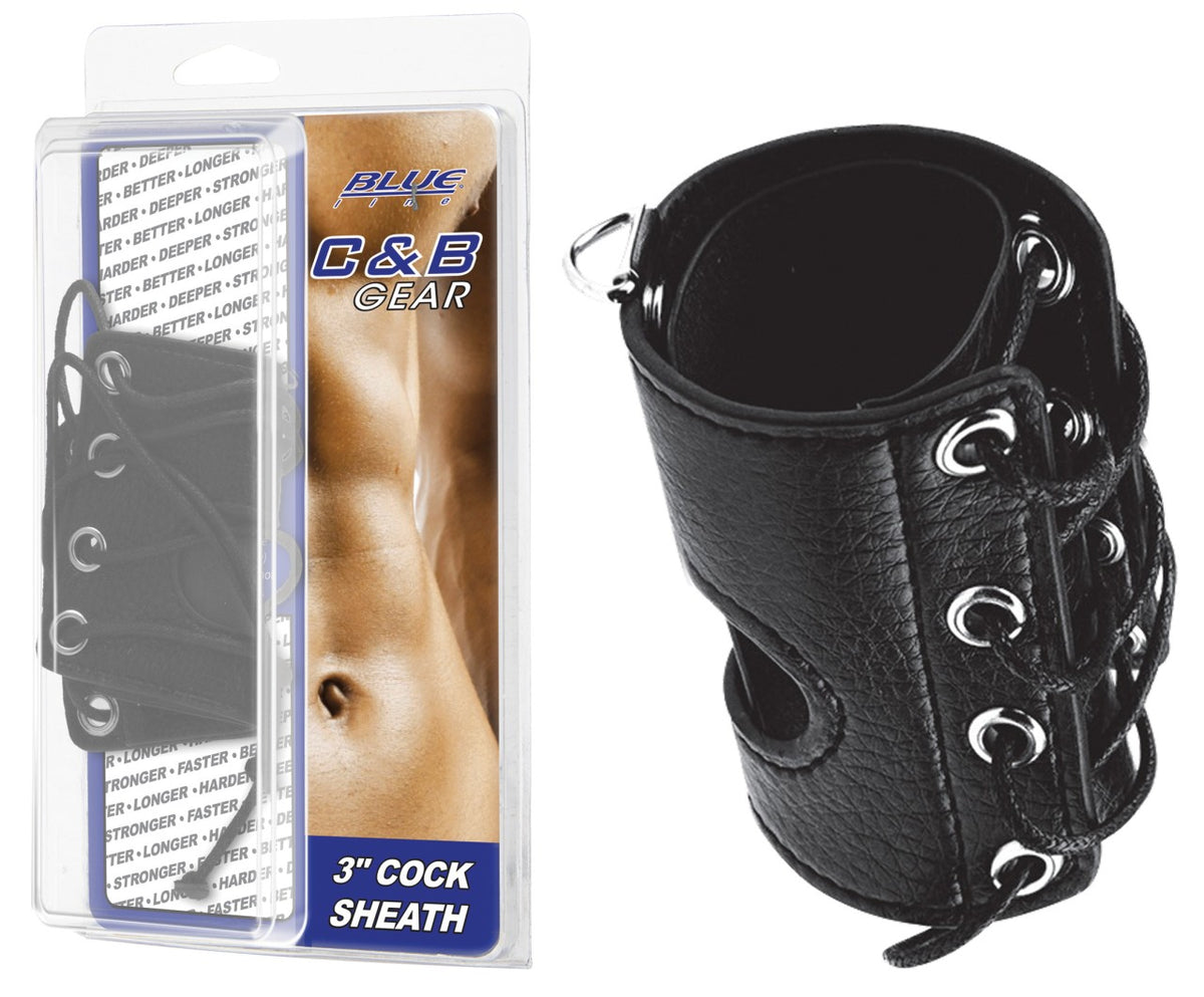 BLUE LINE Cock Sheath schwarzes Peniskorsett mit Schnürung, Metallösen und Produktverpackung