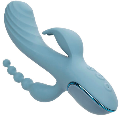 CALEXOTICS III Triple Ecstasy Dreifach-Stimulator in Blau mit integrierten Bedienelementen in der Detailansicht