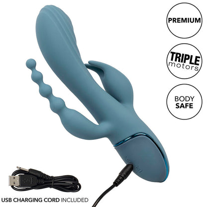 CALEXOTICS III Triple Ecstasy Dreifach-Stimulator in Blau mit USB-Ladekabel und Übersicht der Produkteigenschaften