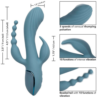 CALEXOTICS III Triple Ecstasy Dreifach-Stimulator mit Produktgrafik zu Maßen und Stimulationsbereichen