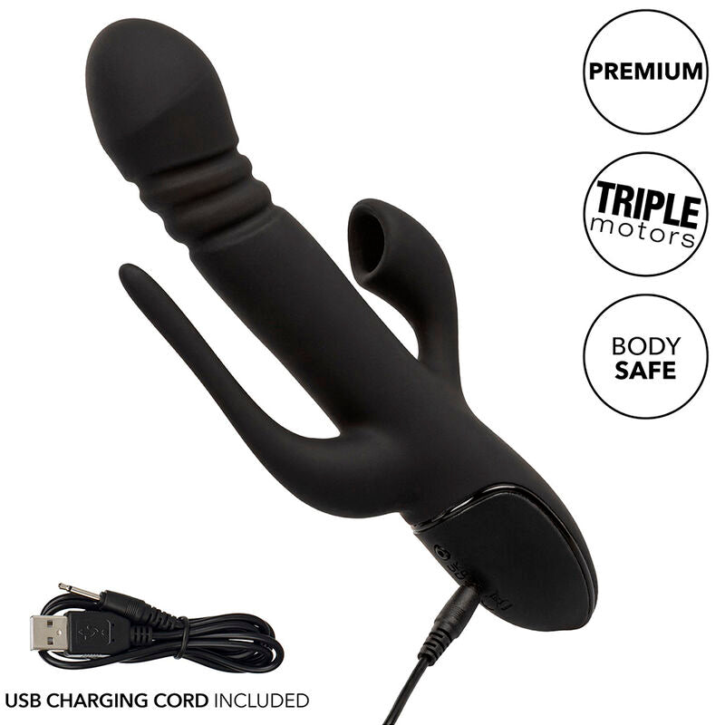 CALEXOTICS III Triple Euphoria Triple-Stimulator mit USB-Ladekabel und Übersicht der Produkteigenschaften