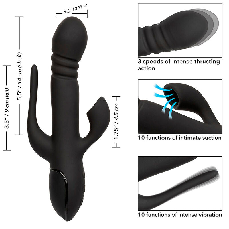 CALEXOTICS III Triple Euphoria Triple-Stimulator mit Produktgrafik zu Maßen und Funktionen