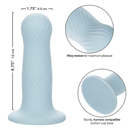 CalExotics Wave Rider Foam Analplug mit Produktgrafik zu Maßen, Wellenstruktur und Sicherheitsbasis