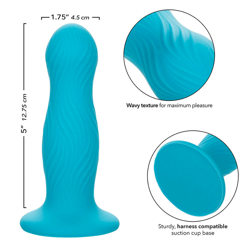 CalExotics Wave Rider Swell Analplug mit Produktgrafik zu Maßen, konturierter Oberfläche und Sicherheitsbasis