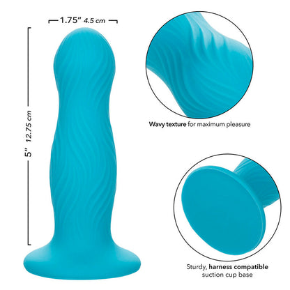 CalExotics Wave Rider Swell Analplug mit Produktgrafik zu Maßen, konturierter Oberfläche und Sicherheitsbasis
