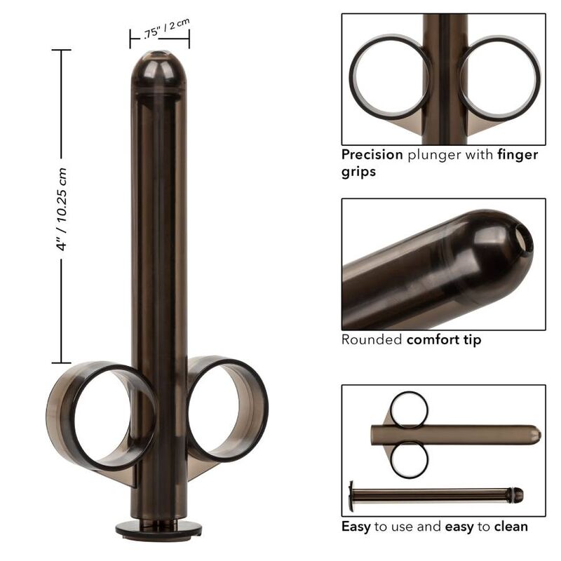 CalExotics XL Lube Tube Präzisions-Applikator mit Darstellung der Maße, Fingerringe und Produkteigenschaften