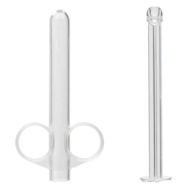 CalExotics XL Lube Tube transparenter Präzisions-Applikator mit Vorder- und Seitenansicht zum Größenvergleich