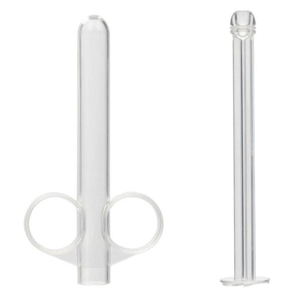 CalExotics XL Lube Tube transparenter Präzisions-Applikator mit Vorder- und Seitenansicht zum Größenvergleich