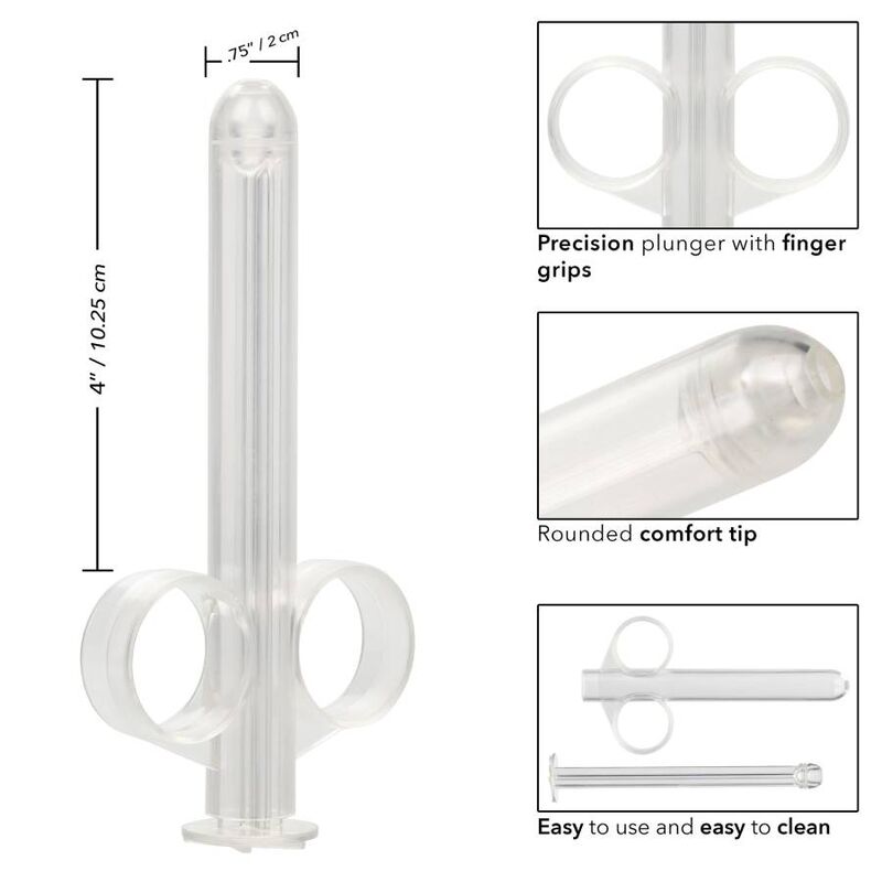 CalExotics XL Lube Tube Gleitgel-Applikator mit Darstellung von Maßen, Fingerringen und Produkteigenschaften