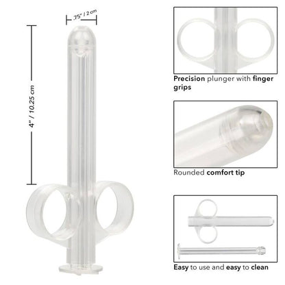 CalExotics XL Lube Tube Gleitgel-Applikator mit Darstellung von Maßen, Fingerringen und Produkteigenschaften