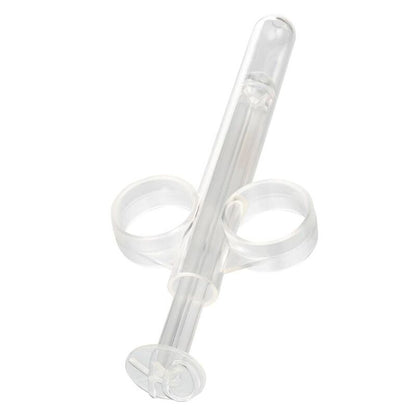 CalExotics XL Lube Tube transparenter Gleitgel-Applikator mit zwei Fingerringen in schräger Perspektivansicht