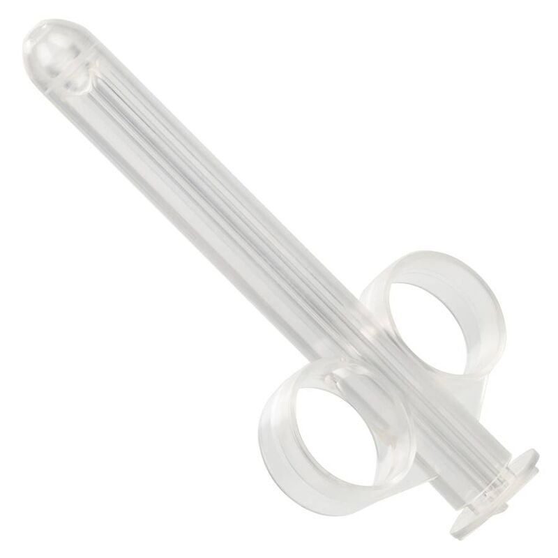 CalExotics XL Lube Tube transparenter Gleitgel-Applikator mit Fingerringen in der Seitenansicht