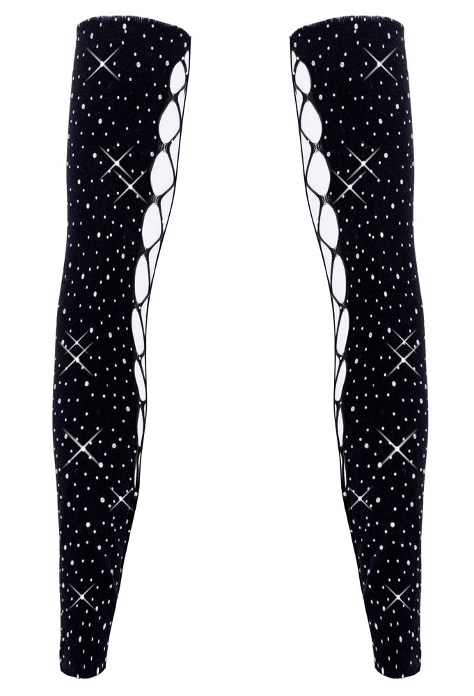 Schwarze Armstulpen von Cottelli ACCESSOIRES mit Glitzersteinchen in Schnüroptik, Vorderansicht