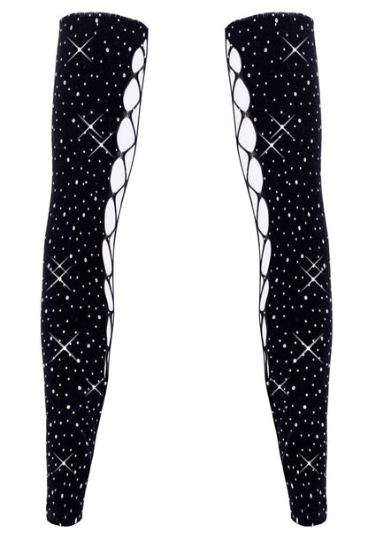 Schwarze Armstulpen von Cottelli ACCESSOIRES mit Glitzersteinchen in Schnüroptik, Vorderansicht