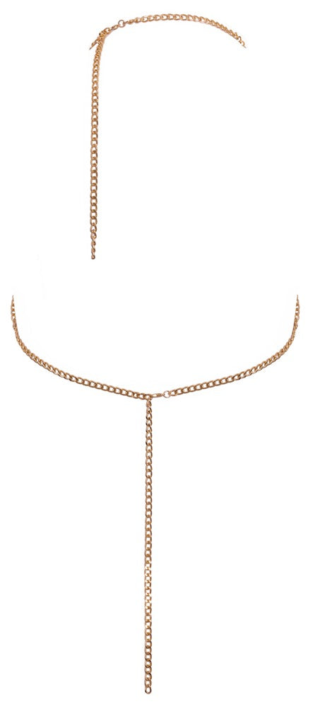Rückansicht der goldfarbenen Cottelli ACCESSOIRES Körperkette mit Verschlüssen im Nacken und an der Taille