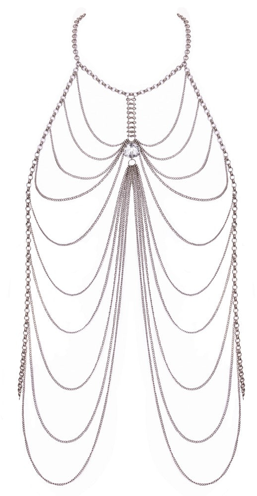 Silberfarbene Cottelli ACCESSOIRES Körperkette mit üppigem Kettchenbesatz und zentralem Schmuckstein in Vorderansicht
