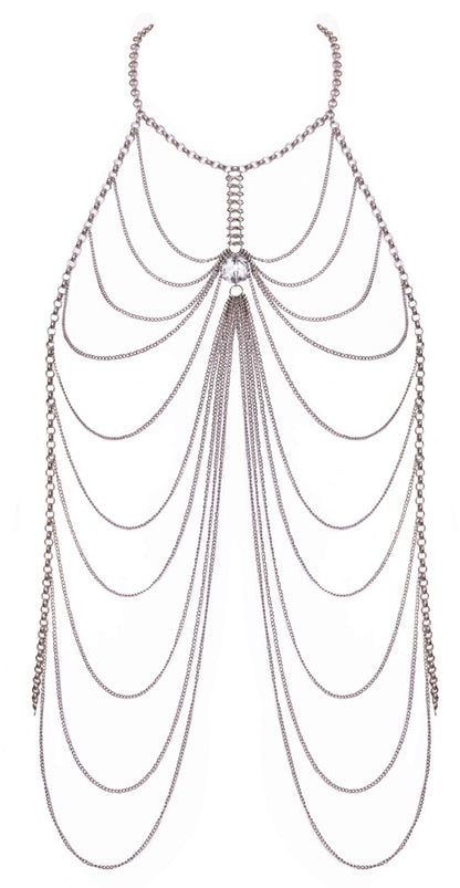 Silberfarbene Cottelli ACCESSOIRES Körperkette mit üppigem Kettchenbesatz und zentralem Schmuckstein in Vorderansicht