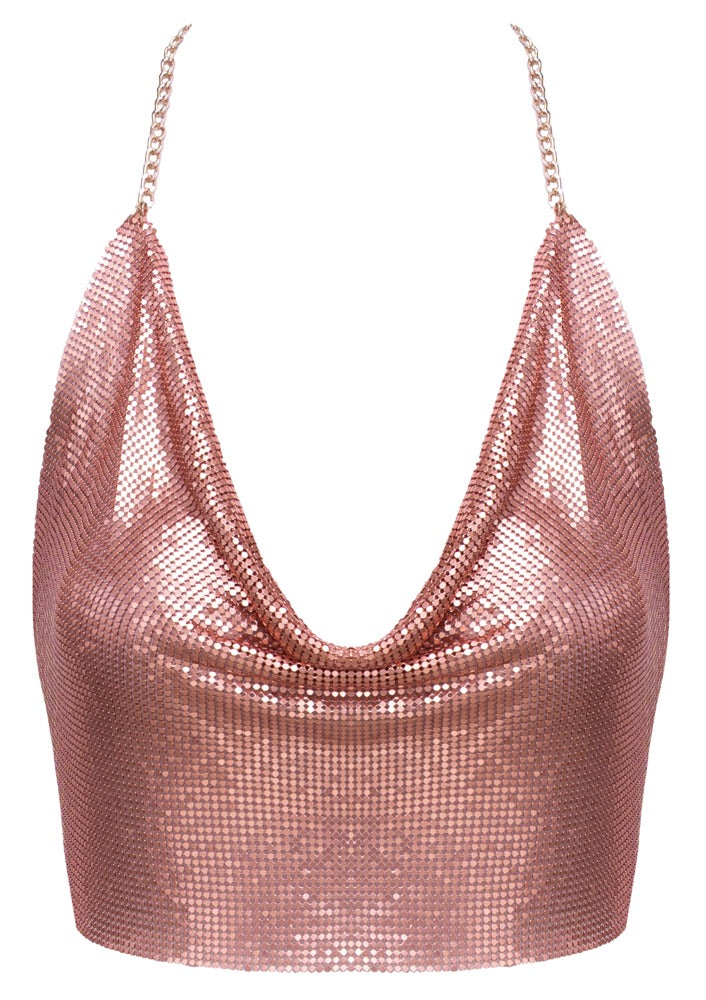 Roséfarbenes Cottelli ACCESSOIRES Metall-Crop-Top mit Wasserfall-Ausschnitt in der Vorderansicht
