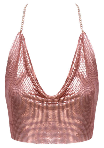 Roséfarbenes Cottelli ACCESSOIRES Metall-Crop-Top mit Wasserfall-Ausschnitt in der Vorderansicht