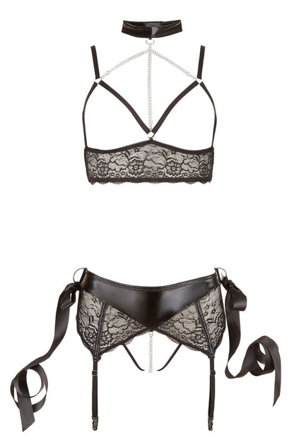 Freisteller des Cottelli BONDAGE BH und String ouvert mit Spitzenbund, Riemchen-Details und Satinbändern in Schwarz