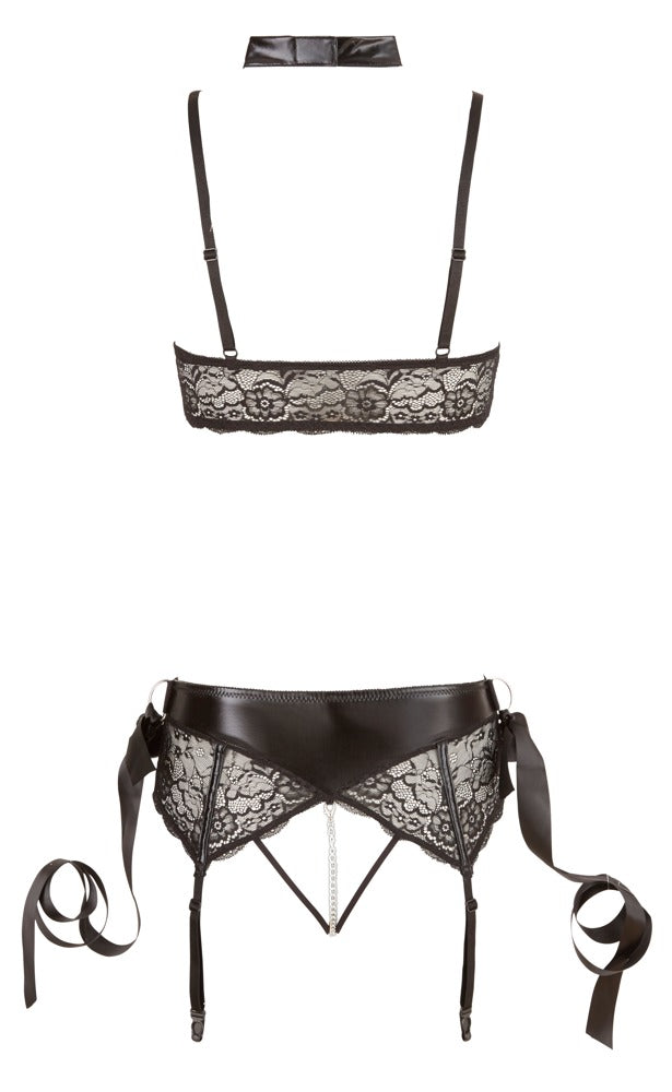 Rückansicht des Cottelli BONDAGE BH und String ouvert mit schwarzer Spitze, Riemchen und verstellbaren Details