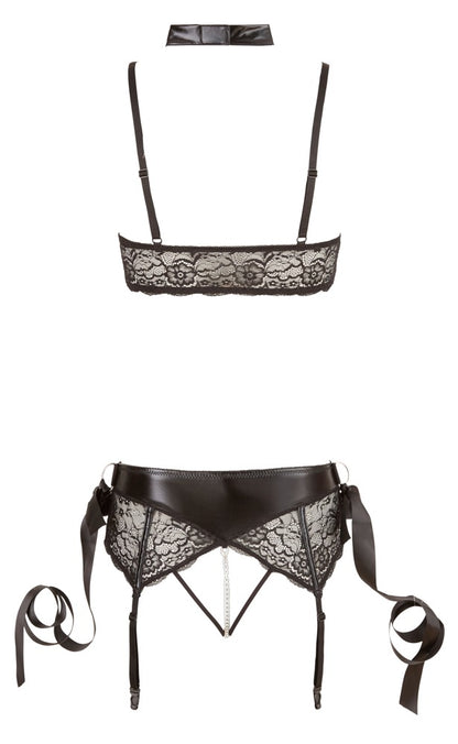Rückansicht des Cottelli BONDAGE BH und String ouvert mit schwarzer Spitze, Riemchen und verstellbaren Details