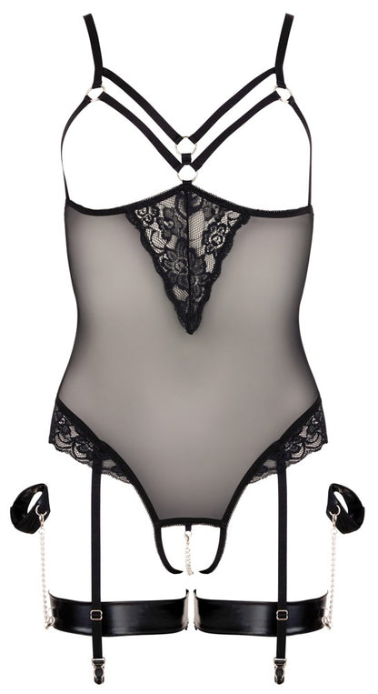 Freigestellte Vorderansicht des Cottelli BONDAGE Body aus Powernet und Spitze mit offenem Design