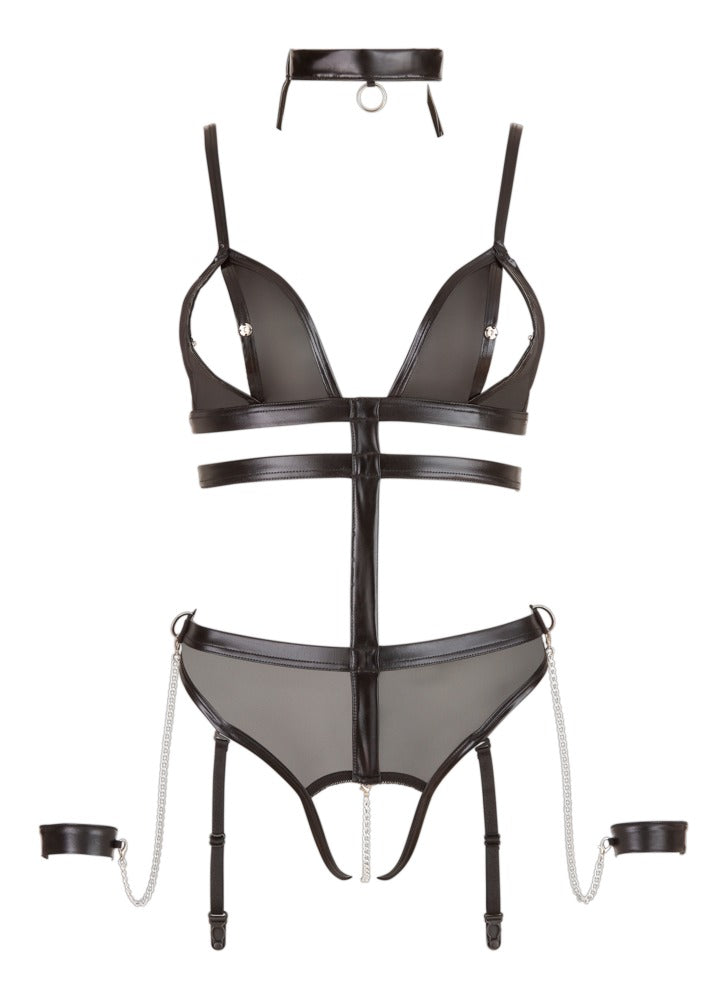 Cottelli BONDAGE Body ouvert in flacher Vorderansicht mit Halsband, Powernet und Wetlook-Details