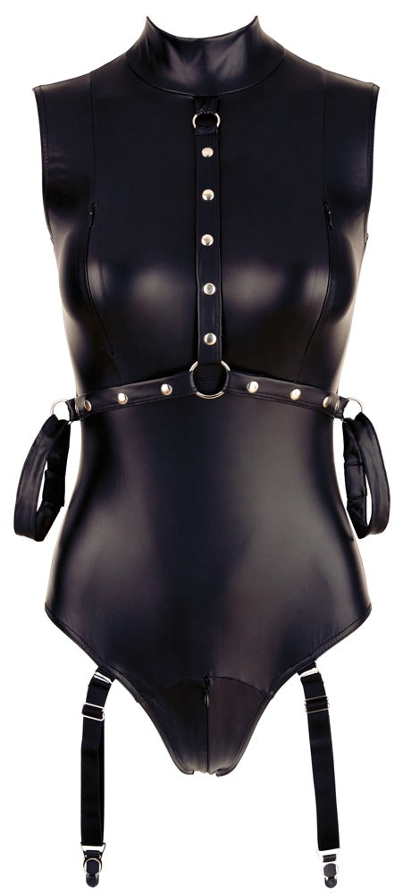 Cottelli BONDAGE Body im schwarzen Mattlook mit Strapsen und Nieten vorne